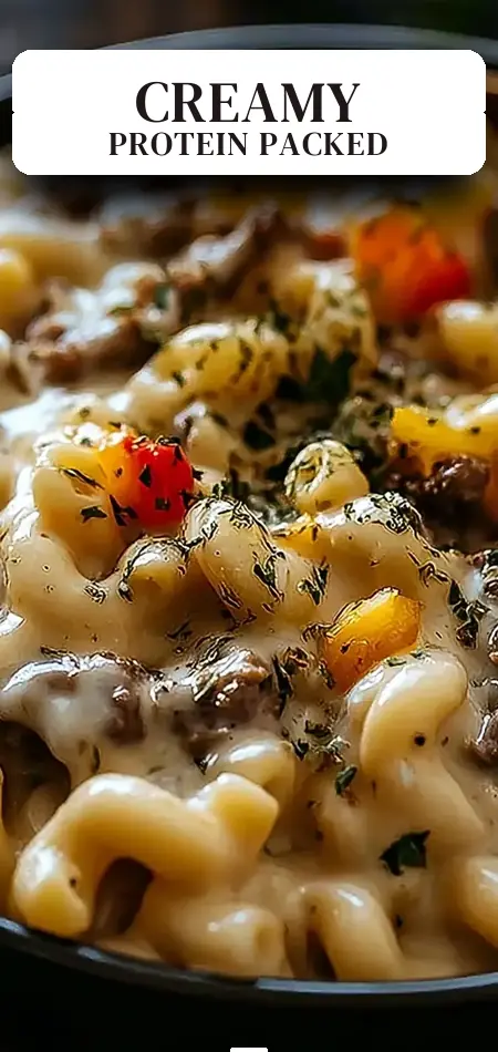 Pinterest pin (Design 2) for High-Protein Creamy Philly Cheesesteak Mac & Cheese Bliss