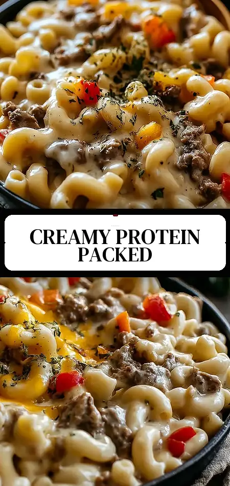 Pinterest pin (Design 3) for High-Protein Creamy Philly Cheesesteak Mac & Cheese Bliss
