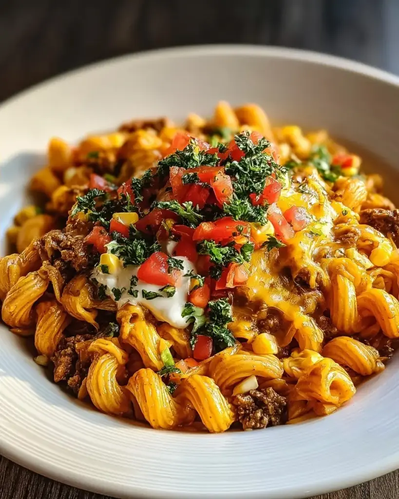 A delicious plate of Cheesy Taco Pasta