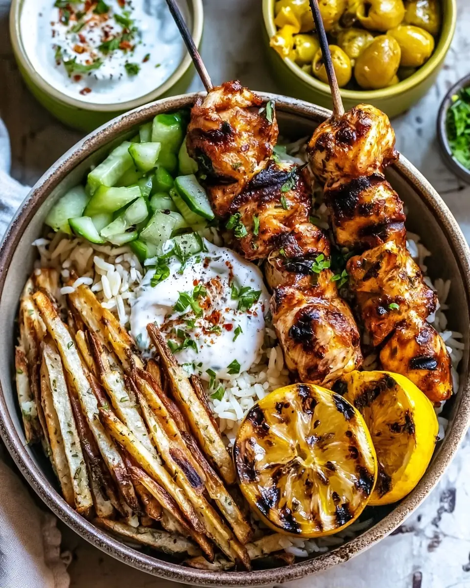 A delicious plate of Chicken Souvlaki Bowls with Garlic Fries