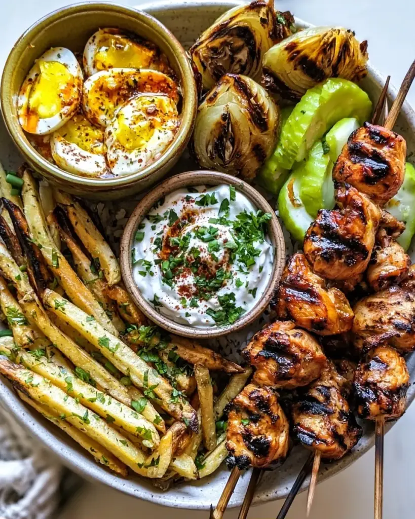 A delicious plate of Chicken Souvlaki Bowls with Garlic Fries