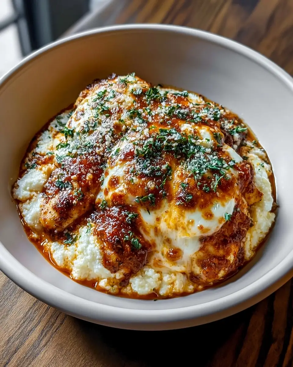 A delicious plate of Cottage Cheese Chicken Parm Bowl