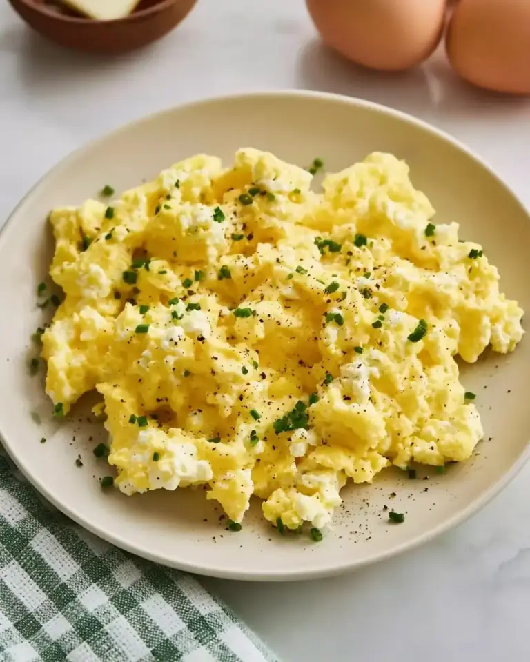 A delicious plate of Cottage Cheese Scrambled Eggs - FlirtyFood