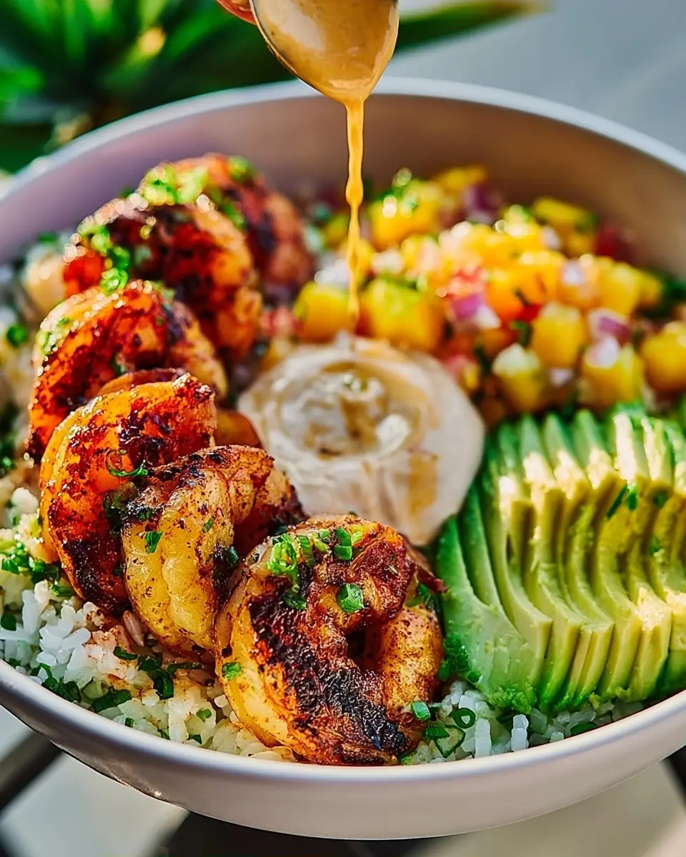 A delicious plate of Delicious Shrimp and Avocado Bowls with Mango Salsa Recipe