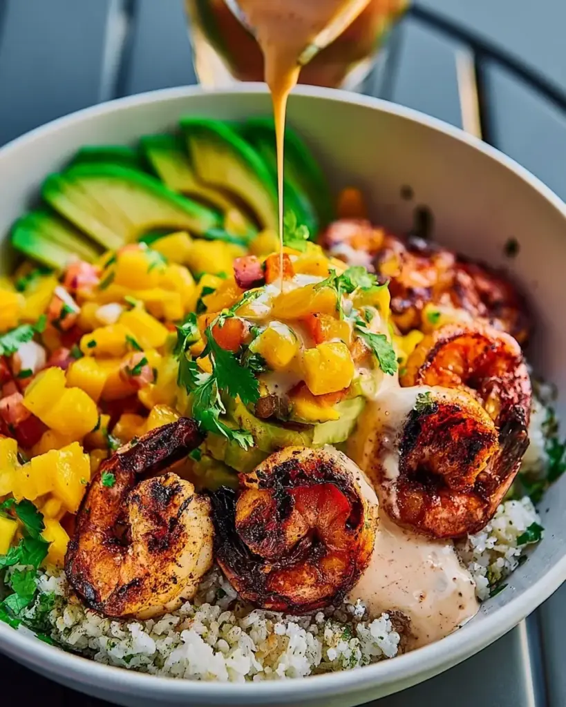 A delicious plate of Delicious Shrimp and Avocado Bowls with Mango Salsa Recipe