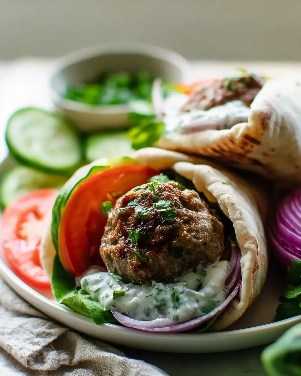 A delicious plate of Easy Greek Beef Meatball Pita Wraps with Tzatziki