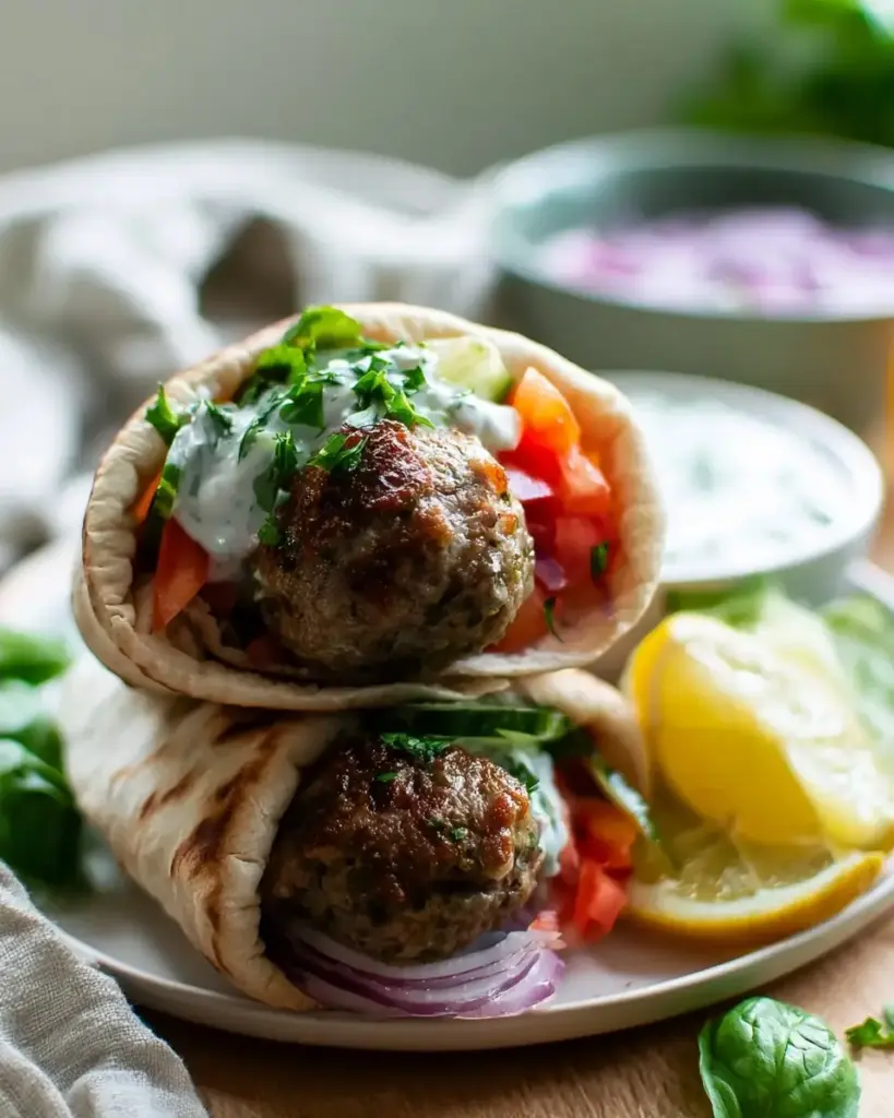 A delicious plate of Easy Greek Beef Meatball Pita Wraps with Tzatziki