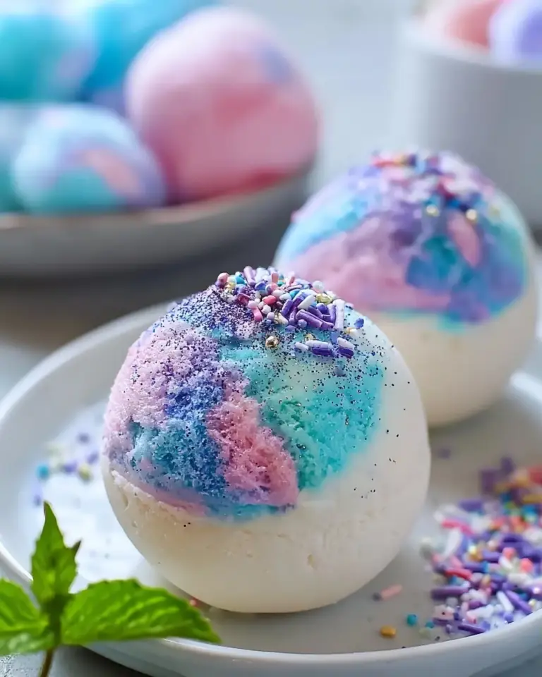 A delicious plate of Easy No-Bake Frozen Cotton Candy Cheesecake Bombs Treat