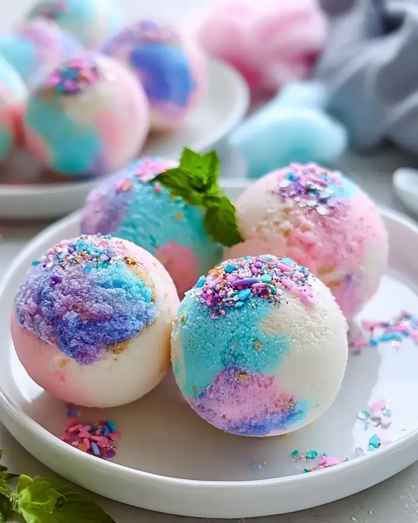 A delicious plate of Easy No-Bake Frozen Cotton Candy Cheesecake Bombs Treat