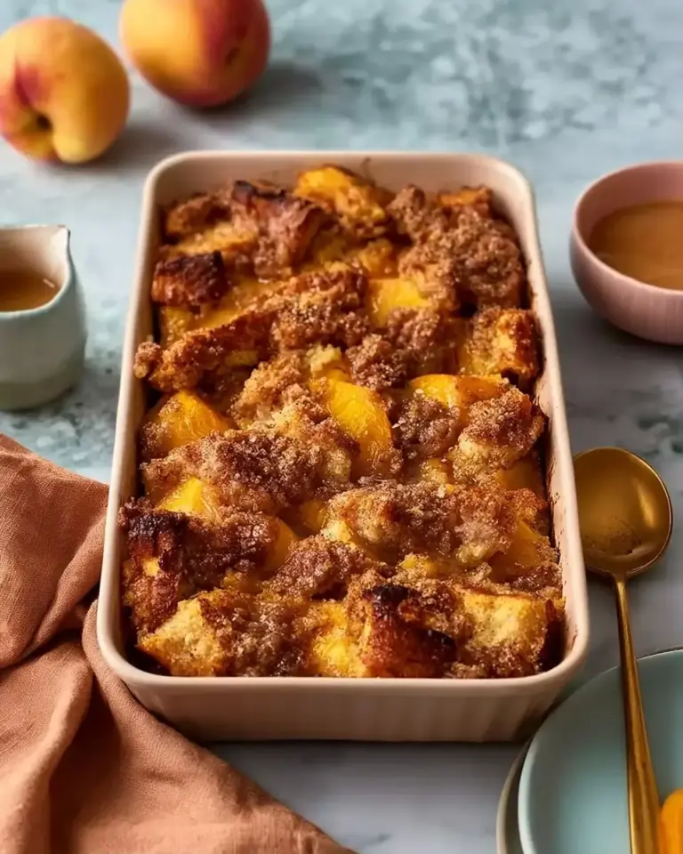 A delicious plate of Easy Peach Cobbler French Toast Bake - moanaskitchen