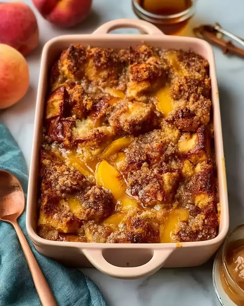 A delicious plate of Easy Peach Cobbler French Toast Bake - moanaskitchen