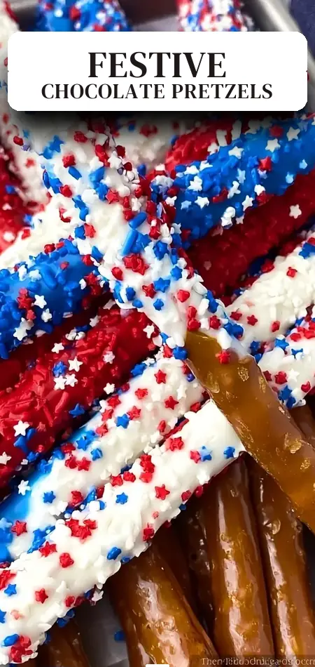 Pinterest pin (Design 2) for 4th of July Chocolate Covered Pretzel Rods