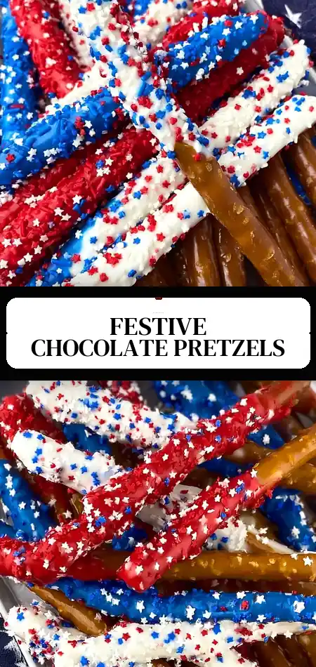 Pinterest pin (Design 3) for 4th of July Chocolate Covered Pretzel Rods