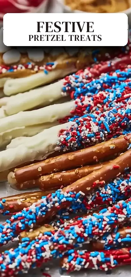Pinterest pin (Design 2) for Sweet and Salty No-Bake Pretzel Rods for a Festive 4th of July