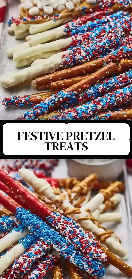 Pinterest pin (Design 3) for Sweet and Salty No-Bake Pretzel Rods for a Festive 4th of July