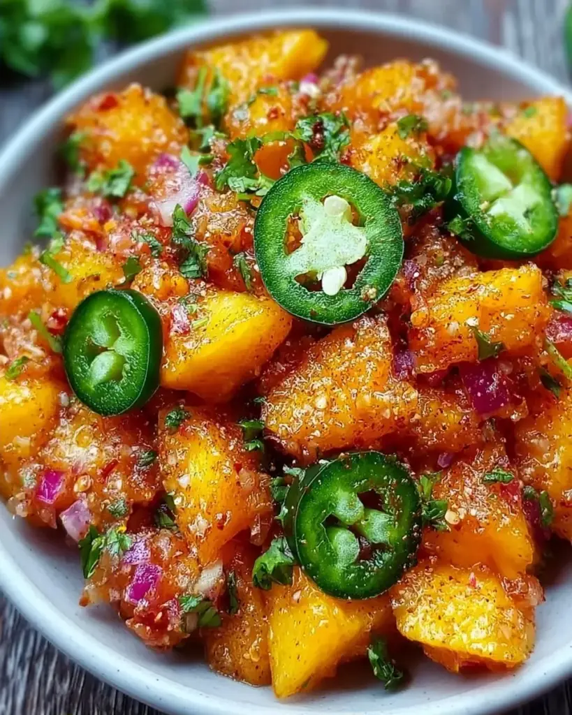 A delicious plate of Fresh Georgia Peach Salsa with Jalapeño