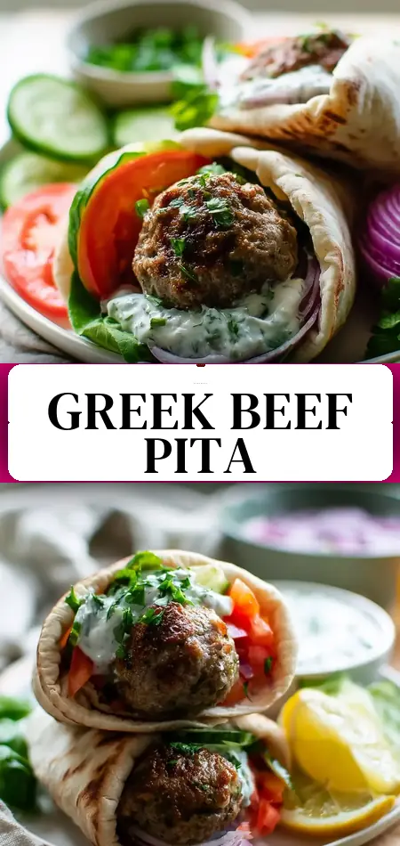 Pinterest pin (Design 3) for Easy Greek Beef Meatball Pita Wraps with Tzatziki