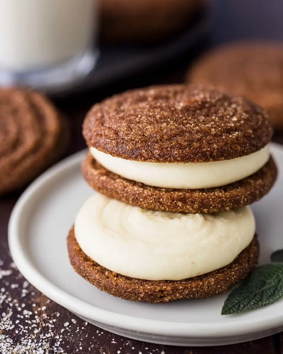 A delicious plate of Ginger Molasses Sandwich Cookies with Eggnog Frostings