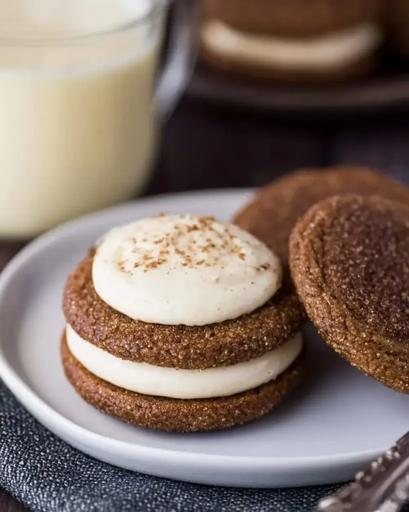 A delicious plate of Ginger Molasses Sandwich Cookies with Eggnog Frostings