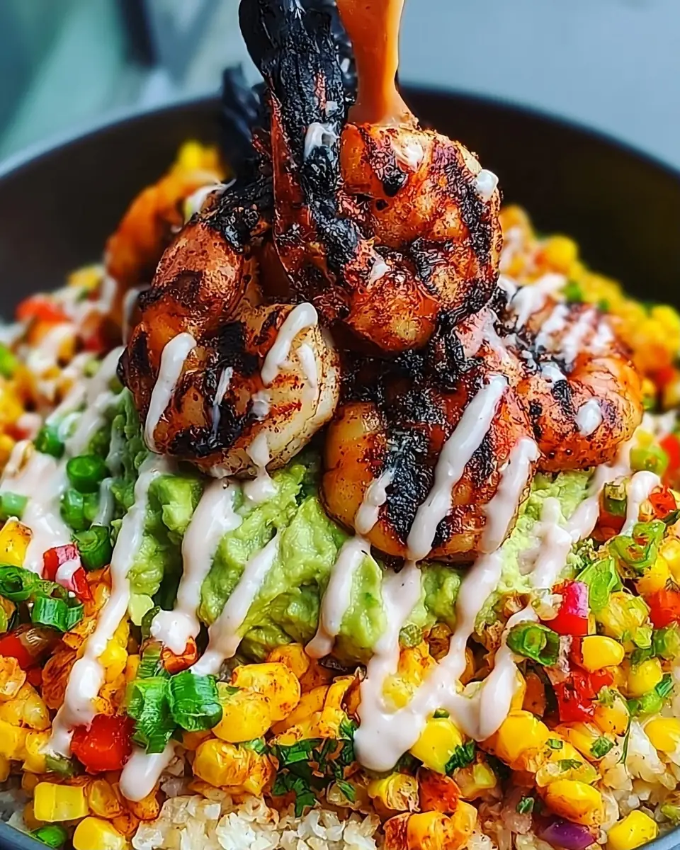A delicious plate of Grilled Shrimp Bowl with Avocado, Corn Salsa & Creamy Sauce