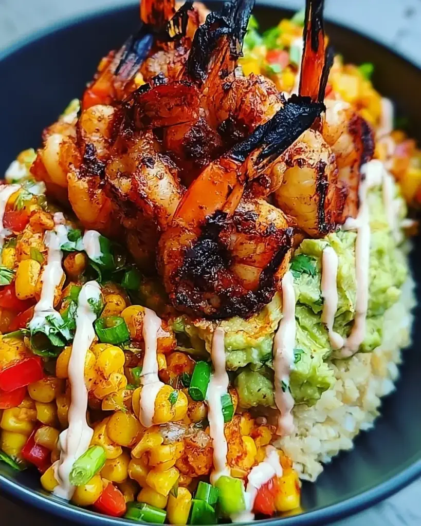 A delicious plate of Grilled Shrimp Bowl with Avocado, Corn Salsa & Creamy Sauce