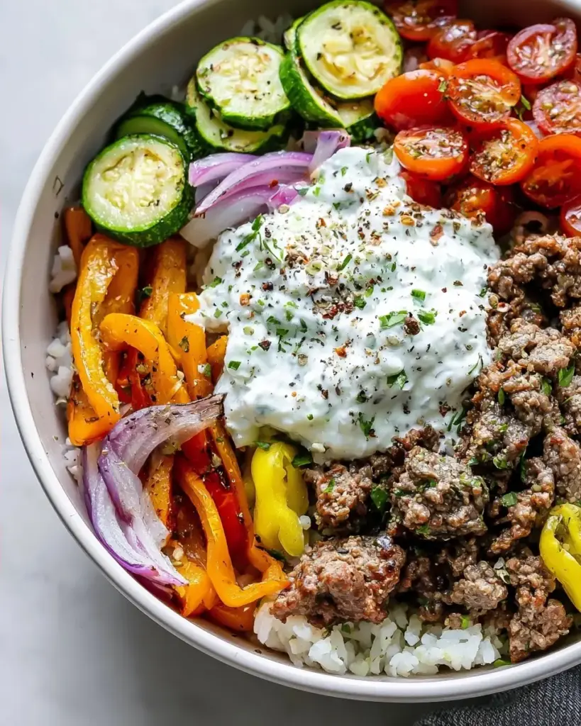 A delicious plate of Ground Beef Gyro Bowls in Just 30 Minutes: Deliciously Easy!