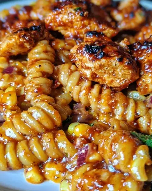 A delicious plate of High Protein BBQ Chicken Pasta Salad