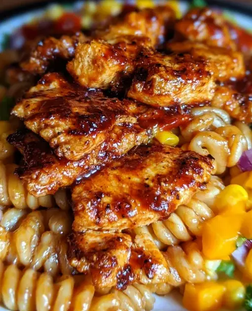 A delicious plate of High Protein BBQ Chicken Pasta Salad
