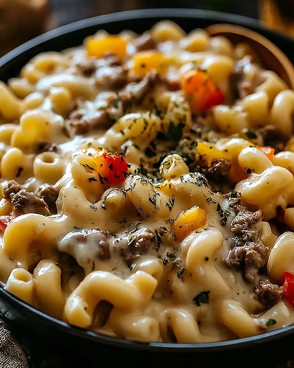 A delicious plate of High-Protein Creamy Philly Cheesesteak Mac & Cheese Bliss