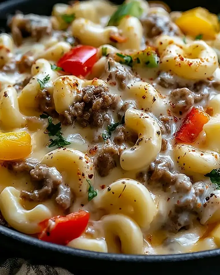A delicious plate of High-Protein Creamy Philly Cheesesteak Mac & Cheese Bliss