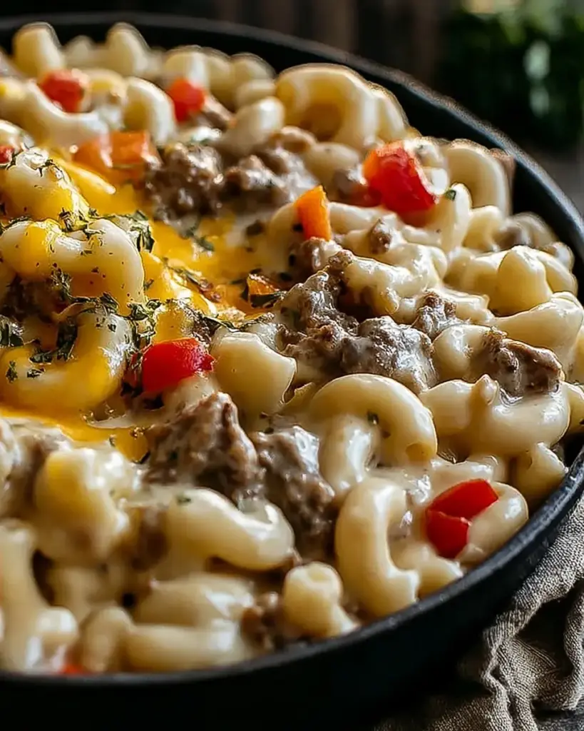 A delicious plate of High-Protein Creamy Philly Cheesesteak Mac & Cheese Bliss