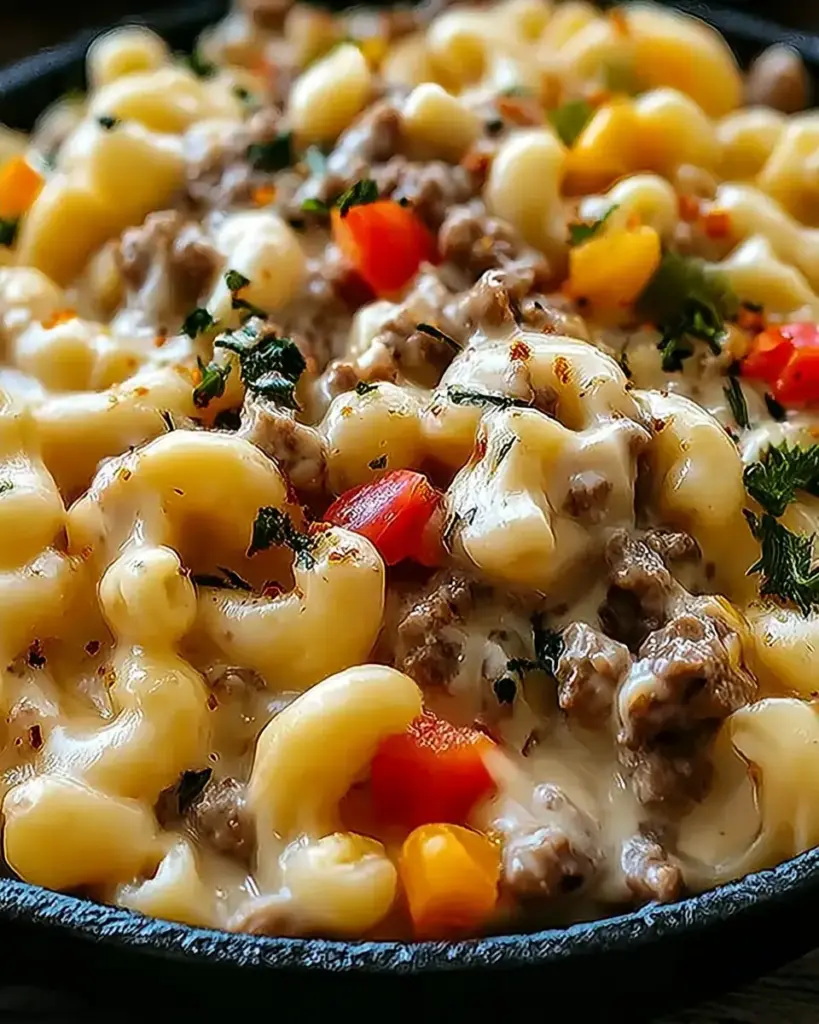 A delicious plate of High-Protein Creamy Philly Cheesesteak Mac & Cheese Bliss