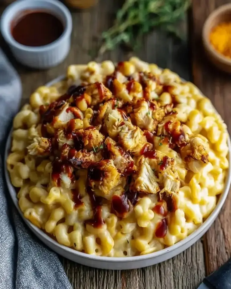 A delicious plate of High Protein Honey BBQ Chicken Mac and Cheese