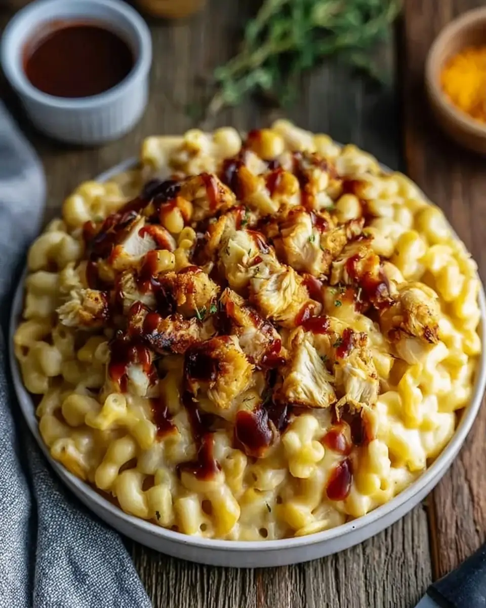 A delicious plate of High Protein Honey BBQ Chicken Mac and Cheese