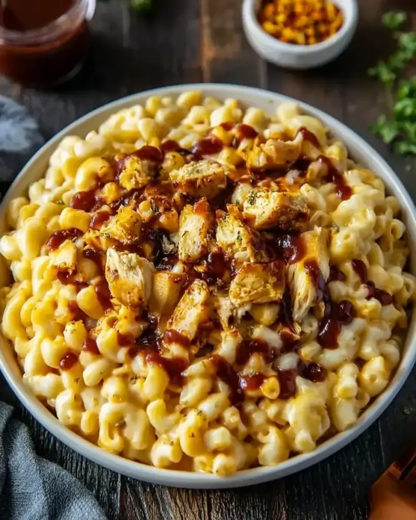 A delicious plate of High Protein Honey BBQ Chicken Mac and Cheese
