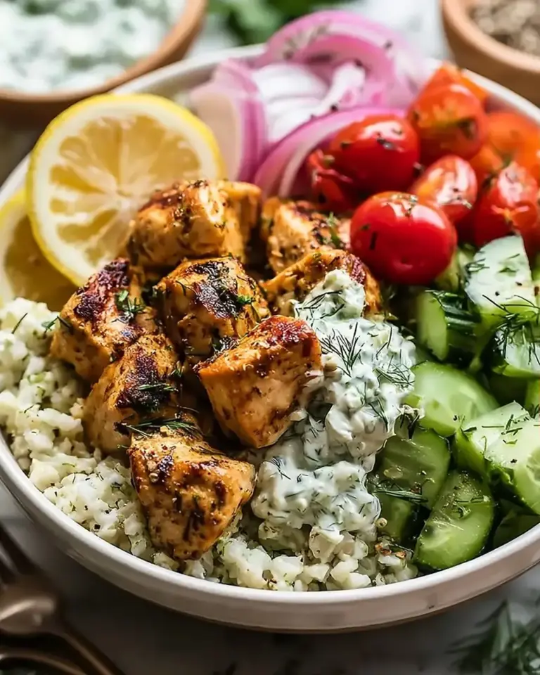 A delicious plate of High Protein Mediterranean Lemon-Dill Chicken Bowls (Easy & Meal Prep Friendly)