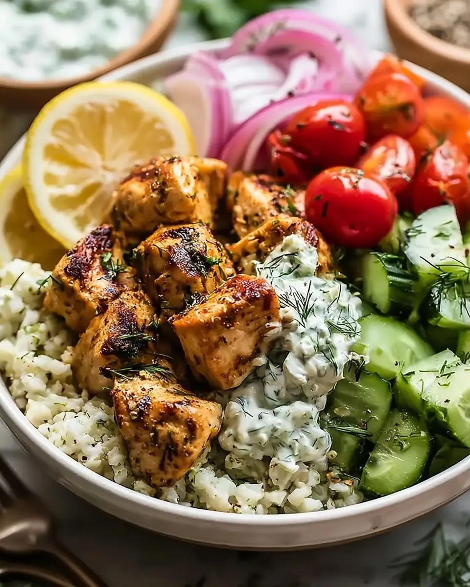 A delicious plate of High Protein Mediterranean Lemon-Dill Chicken Bowls (Easy & Meal Prep Friendly)