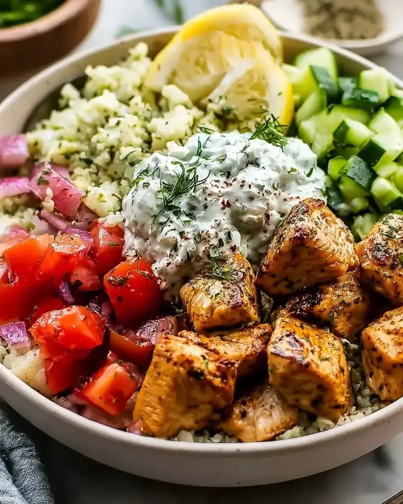 A delicious plate of High Protein Mediterranean Lemon-Dill Chicken Bowls (Easy & Meal Prep Friendly)