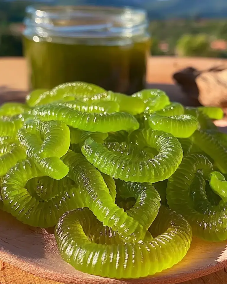 A delicious plate of Homemade Dill Pickle Gummy Worms