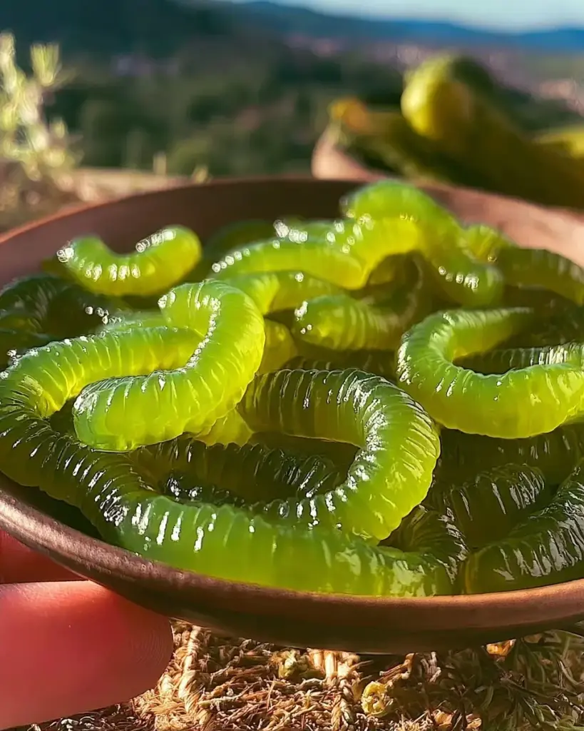 A delicious plate of Homemade Dill Pickle Gummy Worms