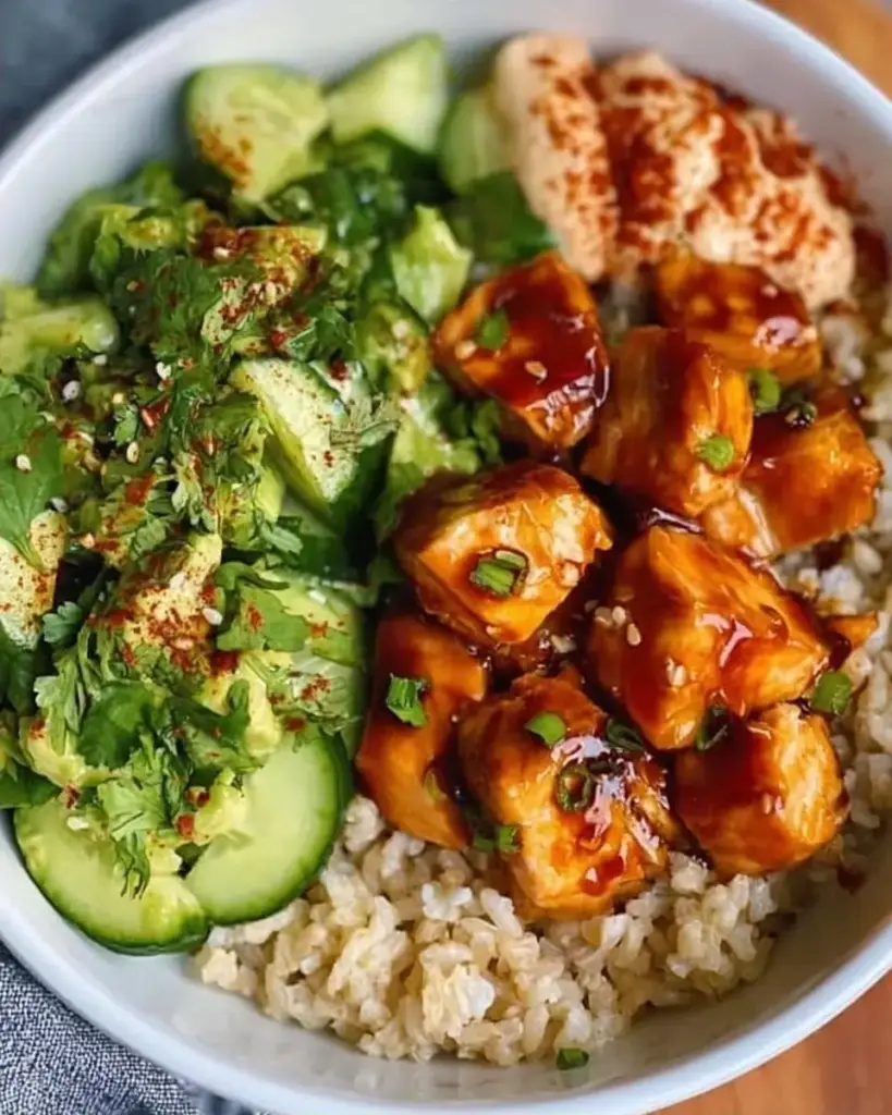 A delicious plate of Honey Glazed Salmon Rice Bowls