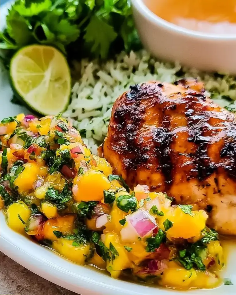 A delicious plate of Honey Lime Chicken with Mango Salsa