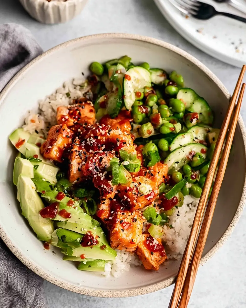 A delicious plate of Honey Sriracha Salmon Bowls