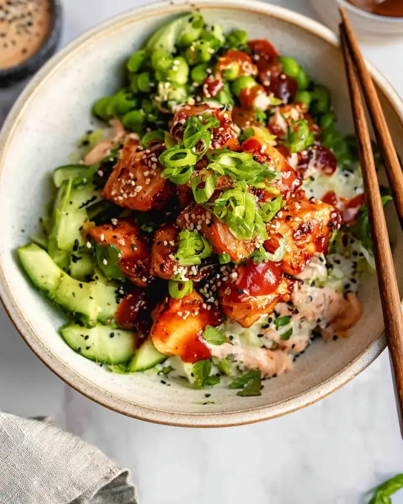 A delicious plate of Honey Sriracha Salmon Bowls