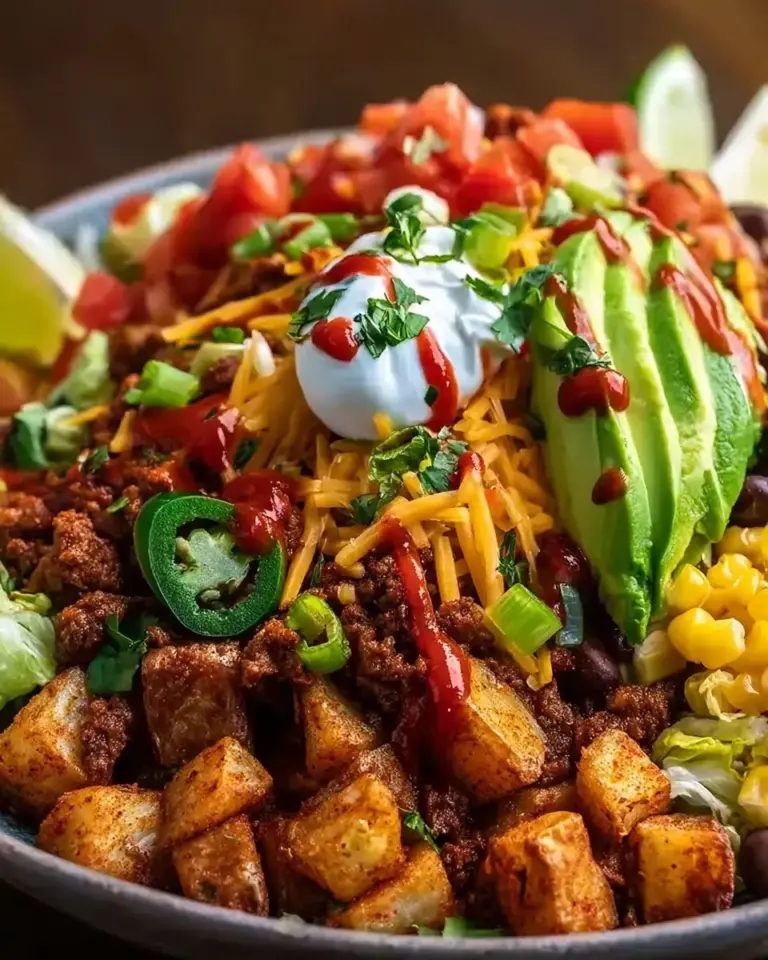 A delicious plate of Loaded Potato Taco Bowl