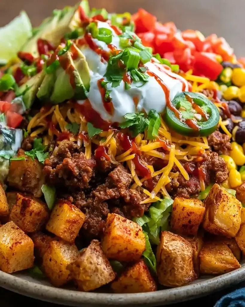 A delicious plate of Loaded Potato Taco Bowl