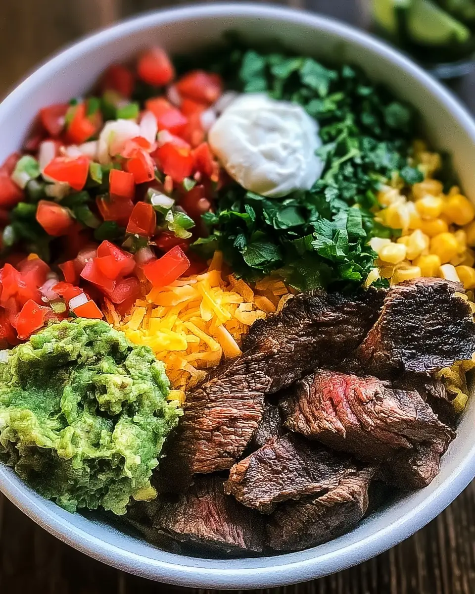 A delicious plate of Loaded Steak Burrito Bowls – The Ultimate Flavor-Packed Dinner Bowl