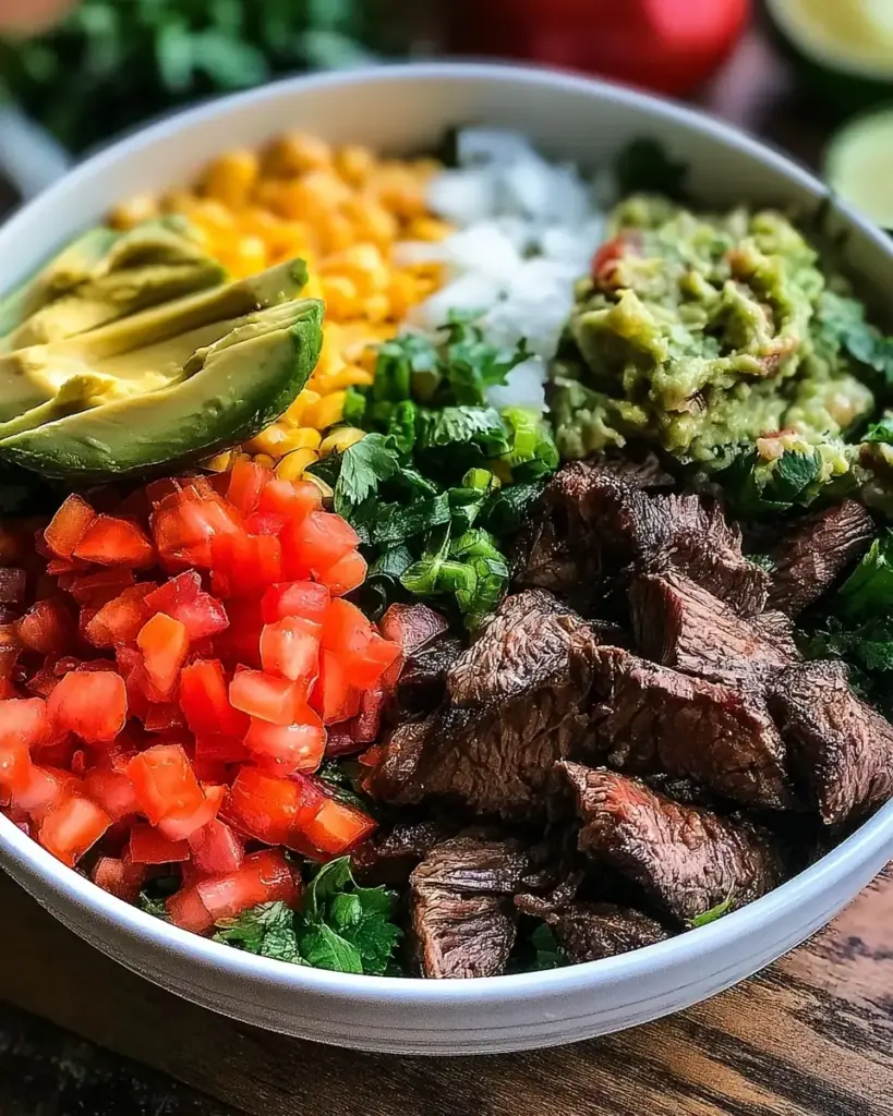 A delicious plate of Loaded Steak Burrito Bowls – The Ultimate Flavor-Packed Dinner Bowl