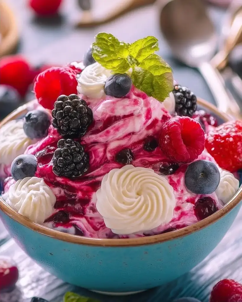 A delicious plate of Mixed Berry Cheesecake Fluff