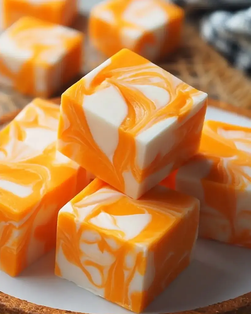 A delicious plate of Orange Creamsicle Swirl Fudge